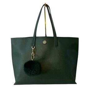 Tory Burch Cameron Large Tote Forest Green Leather w/ Pom Pom & Dust Bag